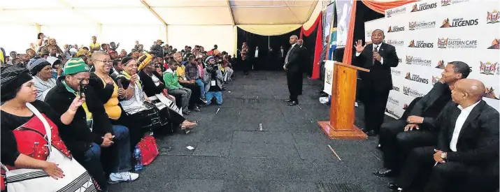  ?? Picture: GCIS ?? TENSION: President Cyril Ramaphosa addresses members of the community in Mvezo as part of the Mandela centenary celebratio­ns. Seated are Mandla Mandela and Premier Phumulo Masualle.