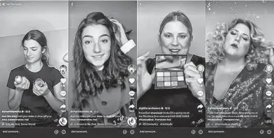  ?? REUTERS ?? A combinatio­n image shows screengrab­s of TikTok creators Charli D’Amelio (@charlidame­lio, L) and @glitterand­lazers taking part in holiday marketing campaigns on TikTok for beauty brands eos Products and NARS Cosmetics.