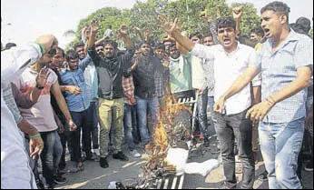  ?? MANOJ DHAKA/HT ?? Students burning an effigy of vicechance­llor Bijender Punia on the campus of Maharshi Dayanand University in Rohtak on Saturday.