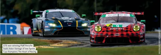  ?? ?? GTD race-winning Pfaff Porsche leads Aston Vantage of new Sprint Cup champions The Heart of Racing