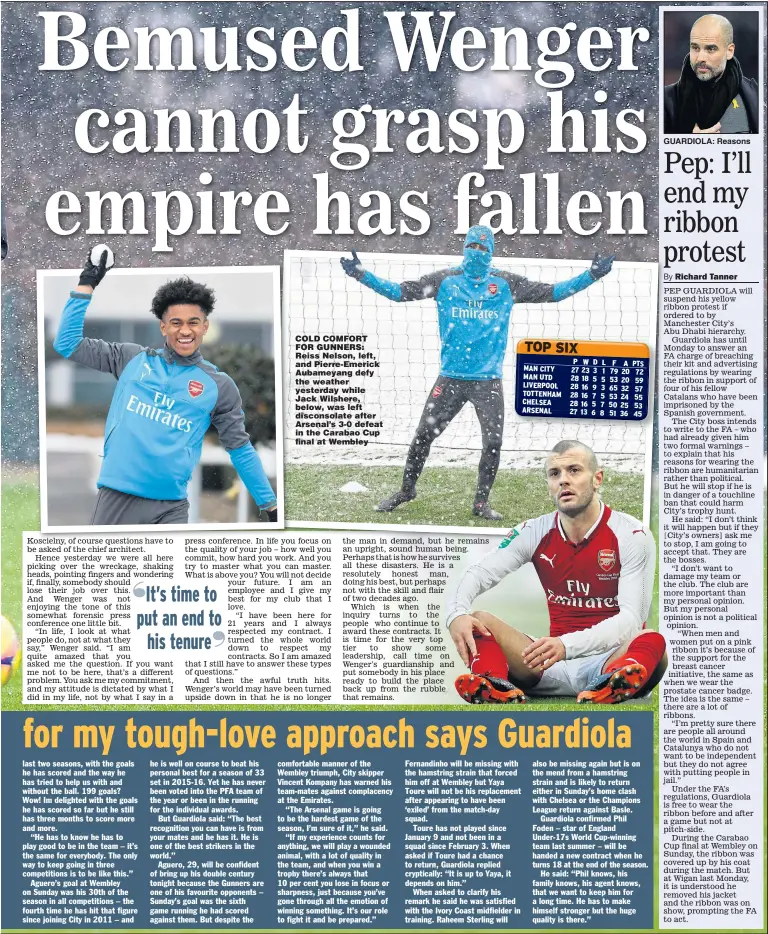  ?? Main picture: STUART MACFARLANE ?? COLD COMFORT FOR GUNNERS: Reiss Nelson, left, and Pierre-Emerick Aubameyang defy the weather yesterday while Jack Wilshere, below, was left disconsola­te after Arsenal’s 3-0 defeat in the Carabao Cup final at Wembley