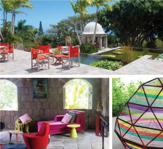  ??  ?? A brilliant explosion of colour is never far from view at Golden Rock Inn, one of Nevis’s most charming stays. The arty hillside retreat is filled with unique pieces discovered through the owners’ travels and eye-catching furnishing­s (top, lower left...
