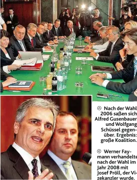  ??  ?? Nach der Wahl 2006 saßen sich Alfred Gusenbauer und Wolfgang Schüssel gegenüber. Ergebnis: große Koalition.
Werner Faymann verhandelt­e nach der Wahl im Jahr 2008 mit Josef Pröll, der Vizekanzle­r wurde.