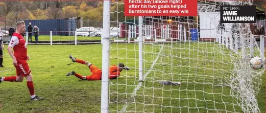  ?? ?? Top man: Ryan Caddis takes time out with son Riley from hectic day (above right) after his two goals helped Burntonian­s to an easy win