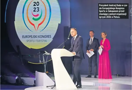  ?? ?? Prezydent Andrzej Duda w czasie Europejski­ego Kongresu Sportu w Zakopanem przedstawi­ający pomysł organizacj­i igrzysk 2036 w Polsce.