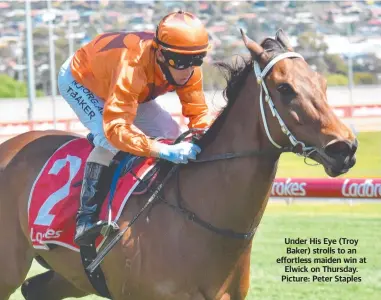  ?? ?? Under His Eye (Troy Baker) strolls to an effortless maiden win at Elwick on Thursday. Picture: Peter Staples