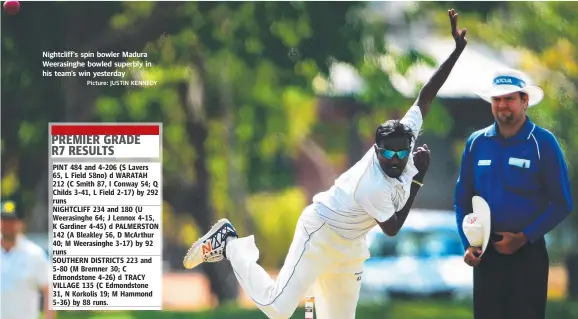  ?? Picture: JUSTIN KENNEDY ?? Nightcliff's spin bowler Madura Weerasingh­e bowled superbly in his team’s win yesterday