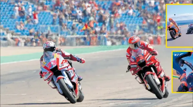  ?? ?? Bastianini gana a Bagnaia en la misma meta de MotorLand. Al lado, la caída de Quartararo en la primera vuelta tras golpear la Honda de Marc Márquez por detrás.