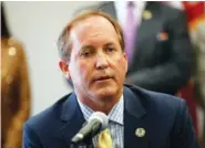  ?? JAY JANNER/AUSTIN AMERICAN-STATESMAN VIA AP ?? Republican Texas Attorney General Ken Paxton speaks at the Austin Police Associatio­n in 2020 in Austin, Texas. Paxton faces Texas Land Commission­er George P. Bush in a Republican primary runoff election on Tuesday