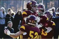  ?? Pete Paguaga / Hearst Connecticu­t Media ?? St. Joseph’s Mickey Covino celebrates his touchdown catch during Thursday’s game against Trumbull.