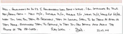  ??  ?? Fatherly advice: Dick Greenwood’s notes on one of his son, Will’s, performanc­es for England; (below) the pair together