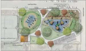  ?? SUBMITTED ?? This drawing by Crafton Tull shows the layout of the all-inclusive playground and splash pad planned for Maumelle on city-owned property near tennis courts and the library. However, the splash pad is now taking priority because funding is coming in slowly for the $800,000 project, said Dave Roberts, designer. The splash pad will cost about $200,000, he said.