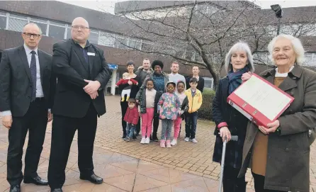  ??  ?? The domestic violence petition handed over to Sunderland City Council. Front right, WWIN director Clare Phillipson and chairwoman Doris Maddison.