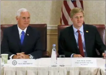  ?? ZURAB KURTSIKIDZ­E — POOL PHOTO VIA AP, FILE ?? In this file photo, Vice President Mike Pence, left, attends a meeting with Georgia opposition leaders in Tbilisi, Georgia. Chief of Staff to the Vice President, Nick Ayers, is right. Ayers, President Donald Trump’s top pick to replace John Kelly as chief of staff, is no longer expected to fill that role, according to a White House official. The official says that Trump and Ayers could not agree on Ayers’ length of service.