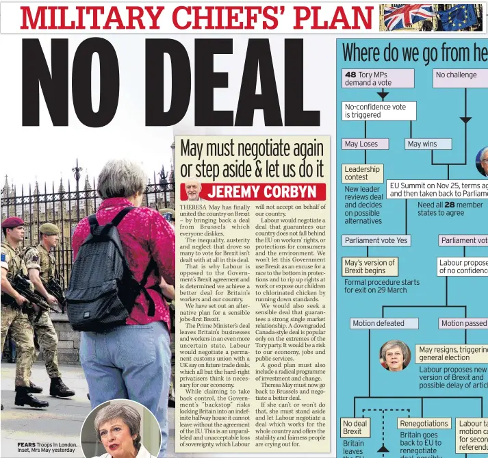  ??  ?? FEARS Troops in London. Inset, Mrs May yesterday