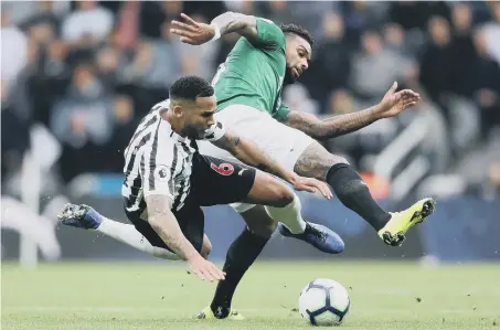  ??  ?? Newcastle United’s Jamaal Lascelles (left) challenges Brighton’s Jurgen Locadia.