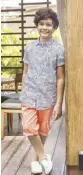  ??  ?? White fish print shirt and orange shorts.