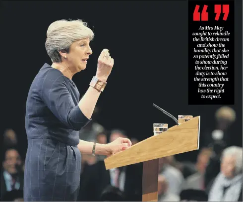  ??  ?? Theresa May addresses the Conservati­ve Party conference in Manchester in a speech which reasserted her vision to create a better society.