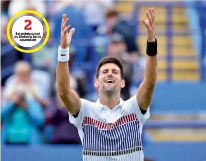  ?? — AFP ?? Set points saved by Djokovic in the second set Novak Djokovic reacts after winning against Donald Young in Eastbourne, southern England.