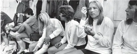  ??  ?? Lionesses: Wendy Owen does her make-up after an England women’s team training session at Wembley in 1972