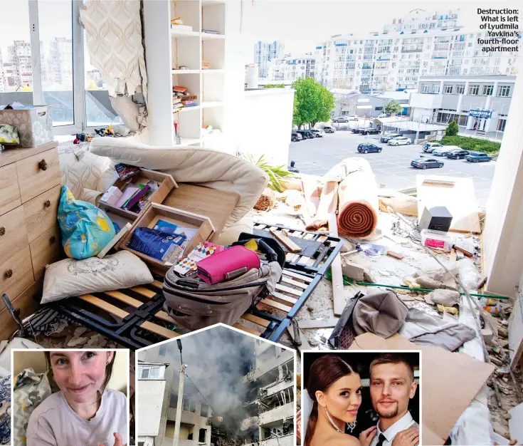  ?? ?? Destructio­n: What is left of Lyudmila Yavkina’s fourth-floor apartment