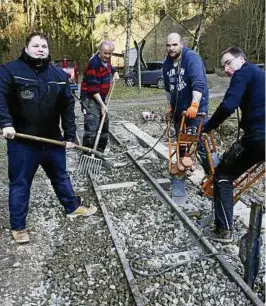  ??  ?? Gleisbau ist ein wahrer Knochenjob. Während Thomas Bitter und Ronny Scheidig (von rechts) mit einem Vibrations­stopfer den Schotter verdichten, schaufeln Patrick Blaschke und Helmut Schroeder (hinten) weiteres Material ins Gleisbett. Foto: Uwe Lange