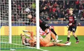  ?? ?? Brahim Díaz heads home for Milan. Photograph: Valerio Pennicino/Uefa/Getty Images