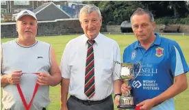  ??  ?? David Richards Over-50 Singles: runner-up John Jones, Denver Williams (County senior vice-president), and winner Rob Hughes.