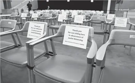  ?? DOUG MILLS/THE NEW YORK TIMES ?? Chairs at Case Western Reserve University in Cleveland are marked to create social distancing for the audience Tuesday at the presidenti­al debate.