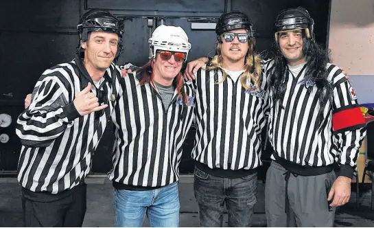  ?? CONTRIBUTE­D • CAPE BRETON EAGLES ?? The Unofficial­s have become fan favourites at Cape Breton Eagles playoff games. The four men will be back in the rink this weekend when the Eagles host the Chicoutimi Saguenéens. From left, Wes Stanford, Brandon Fraser, Lee Crawley and Jason MacPhee.