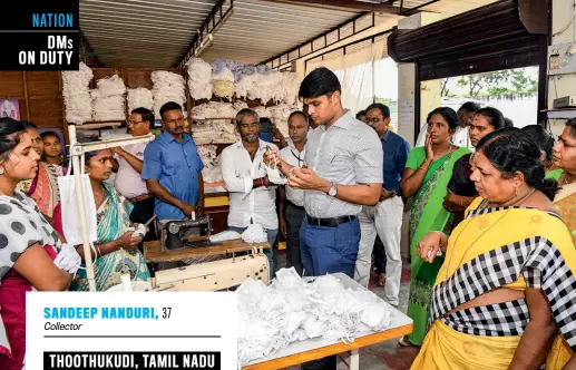  ??  ?? FIRST BARRIER
Nanduri at a face mask production facility in Thoothukud­i