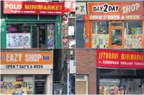  ??  ?? > Four of the shops on Brierley Hill High Street which have been forced to close for a minimum of three months in a landmark case brought by Dudley Trading Standards