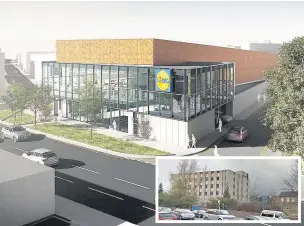  ?? Eyelevel Creative Ltd ?? An artist’s impression of the planned new Lidl, and the tower block, inset