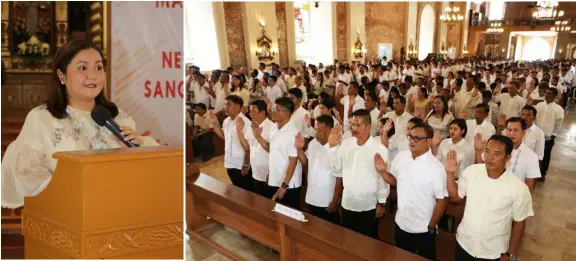 ?? — Chris Navarro ?? MASS OATHTAKING. Lubao Mayor Mylyn Pineda-Cayabyab administer­s the oath of office of newly elected barangay chairmen, kagawads and SK presidents coming from 44 Barangays Friday at St. Agustine Church, Lubao, Pampanga. Cayabyab urged barangay and SK officials to continue the fight against illegal drugs.