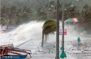  ?? Reuters ?? High waves pounding the sea wall amid strong winds in Legaspi on Friday. —
