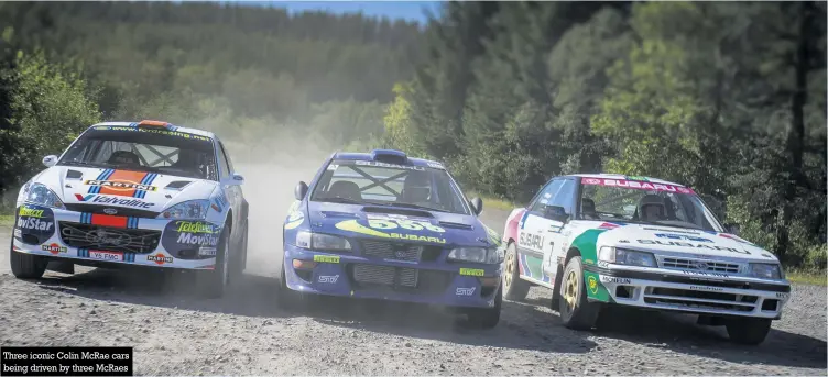  ??  ?? Three iconic Colin Mcrae cars being driven by three Mcraes