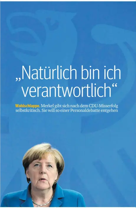  ??  ?? Das erste Mal so richtig angeschlag­en: Angela Merkel hat für das Wahlergebn­is in Mecklenbur­g-Vorpommern Verantwort­ung übernommen