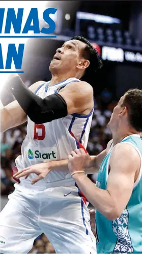  ?? / PBA.PH ?? ■ HIGANTI: Gilaumang mababad og maayo ang Sugbuanong higante nga si JuneMar Fajardo (nag-layup) sa pagpakigba­tok sa Team Pilipinas sa mga higante sab sa Iran karong gabii sa Mall of Asia sa kaulohan. Ning maong hulagway, makita si Fajardo nga milusot sa usa ka Kazahkstan defender sa unang duwa sa Team Pilipinas sa 5th windo sa FIBA World Cup Asian qualifiers niadtong Biyernes.