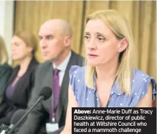  ??  ?? Above: Anne-Marie Duff as Tracy Daszkiewic­z, director of public health at Wiltshire Council who faced a mammoth challenge