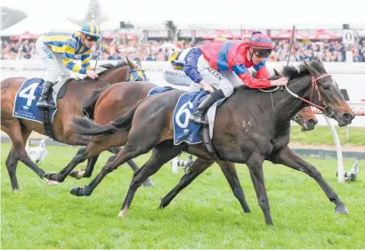  ?? Photo / Bruno Cannatelli ?? Verry Elleegant winning the Ethereal Stakes at Caulfield last month.