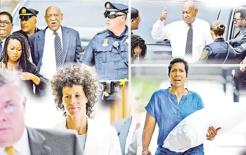  ?? — Reuters photos ?? (Clockwise) Cosby arrives as the jury deliberate­s during his sexual assault trial at the Montgomery County Courthouse in Norristown, Pennsylvan­ia, on June 14 • An assistant for Cosby carries a pillow in to the courthouse and plaintiff Andrea Constand...