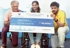  ?? ?? Athletes M. Akslin and M. Anslin receive the scholarshi­p from Shiny Wilson and K.S. Viswanatha­n; cricketer J. Hemchudesh­an from R.I. Palani and S. Sharath; chess prodigy Sharvaanic­a from Deepak Chahar and Shashank Singh; and para athlete J. Keerthika from W.V. Raman and Shashank at the function on Sunday.