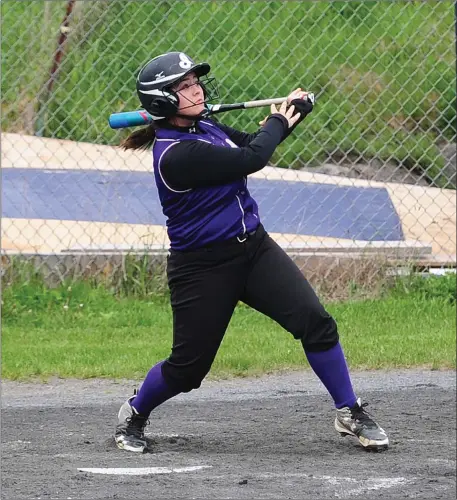  ?? Photos by Ernest A. Brown ?? St. Raphael junior first baseman Taylor Moreau (above) watches her two-run home run in the top of the third inning of Friday’s 14-1 five-inning Division II victory over Burrillvil­le. The Saints are now 9-3, while the Broncos fell to 7-5 after an...