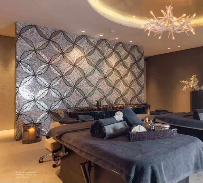  ??  ?? Facials and massages await the ski-weary in the couple’s spa room at Chalet N