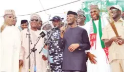  ??  ?? Acting President, Prof. Yomi Osinbajo (middle); National Chairman of the All Progressiv­es Congress (APC), Comrade Adams Oshiomhole (right); APC Senatorial candidate for the Katsina North Senatorial District, Ahmed Babba Kaita (2nd right); Governor Aminu Bello Masari of Katsina State (2nd left) and the APC Vice Chairman, North West, Barrister Inuwa AbdulKadir, during at the close of the senatorial candidate’s campaign for the vacant Katsina North Senatorial seat, in Daura town yesterday.