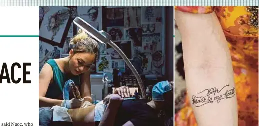  ?? AFP PIX ?? (Left) Tattoo artist Ngoc Like designing a tattoo over a female customer’s scar at her studio in Hanoi recently. (Right) Ngoc’s client, Nguyen Hong Thai, showing her tattoo made in memory of her late husband.