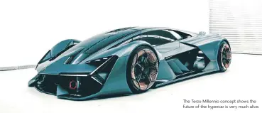  ??  ?? Right: The design is extremely dramatic, in a Lamborghin­i meets science fiction kind of way. The traditiona­l lighting of the engine compartmen­t, left, remains, even though technicall­y there is no engine. The Terzo Millennio concept shows the future of...