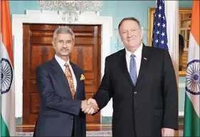  ?? IANS ?? External Affairs Minister S. Jaishankar meets US Secretary of State Mike Pompeo in Washington DC on Tuesday.