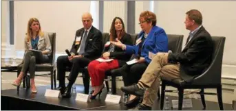  ?? LAUREN HALLIGAN — LHALLIGAN@DIGITALFIR­STMEDIA.COM ?? CAP COM Federal Credit Union president and CEO Paula Stopera speaking during a panel discussion event called Bridging the Generation Gap: Creating a Timeless Workplace, presented by the Rensselaer County Regional Chamber of Commerce.