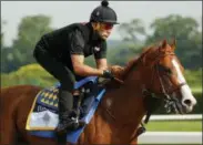  ?? JULIE JACOBSON — THE ASSOCIATED PRESS ?? Triple Crown hopeful Justify gallops around the main track during a workout at Belmont Park on Friday in Elmont, N.Y. Justify will attempt to become the 13th Triple Crown winner when he races in the 150th running of the Belmont Stakes on Saturday.
